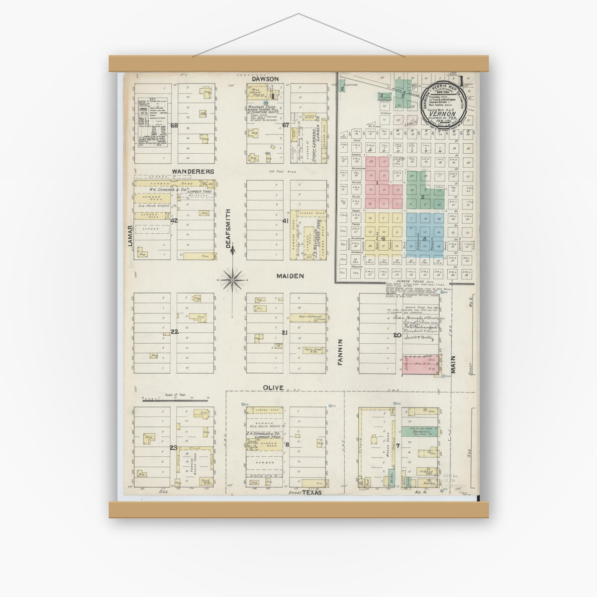 Old map wall art mockup — magnetic wood frame on white wall — Sanborn Fire Insurance Map from Vernon, Wilbarger County, Texas (1891) - Complete Map Set