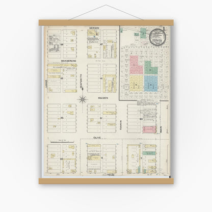Old map wall art mockup — magnetic wood frame on white wall — Sanborn Fire Insurance Map from Vernon, Wilbarger County, Texas (1891) - Complete Map Set