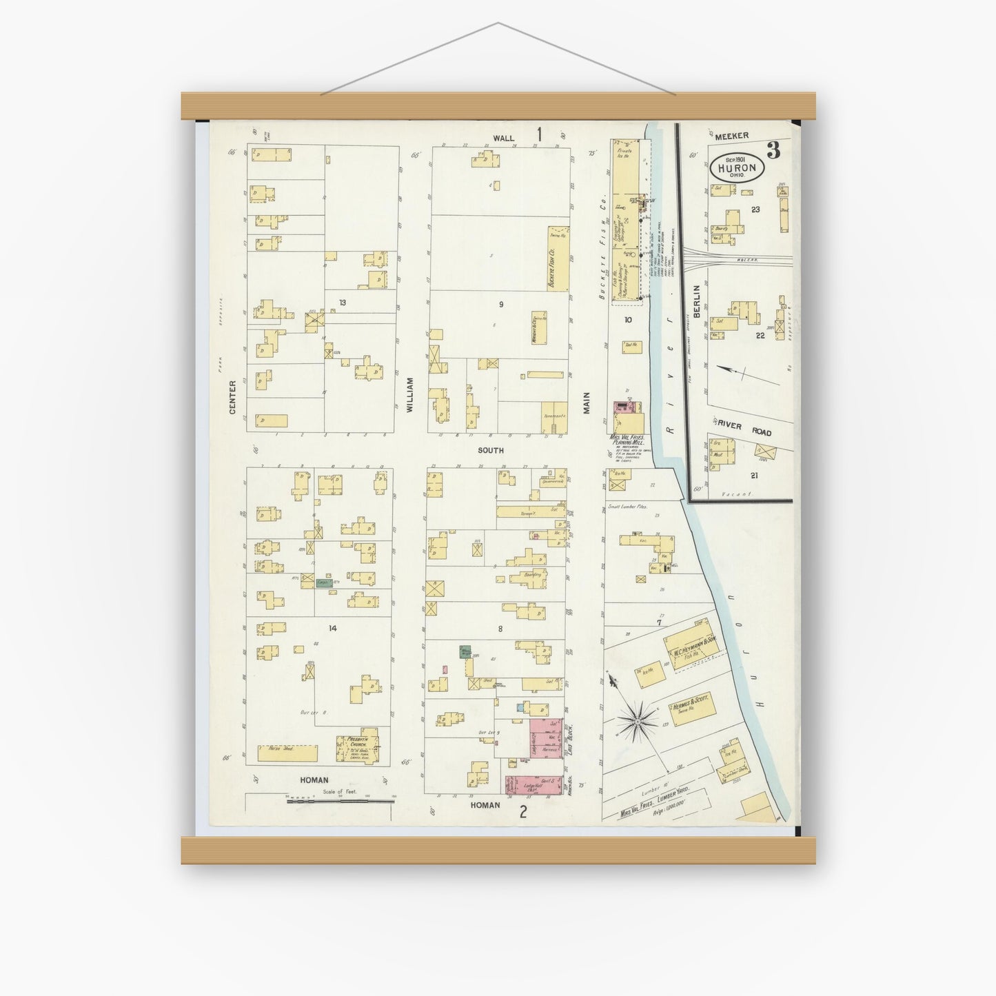 Old map wall art mockup — magnetic wood frame on white wall — Sanborn Fire Insurance Map from Huron, Erie County, Ohio (1901), Sheet #0003