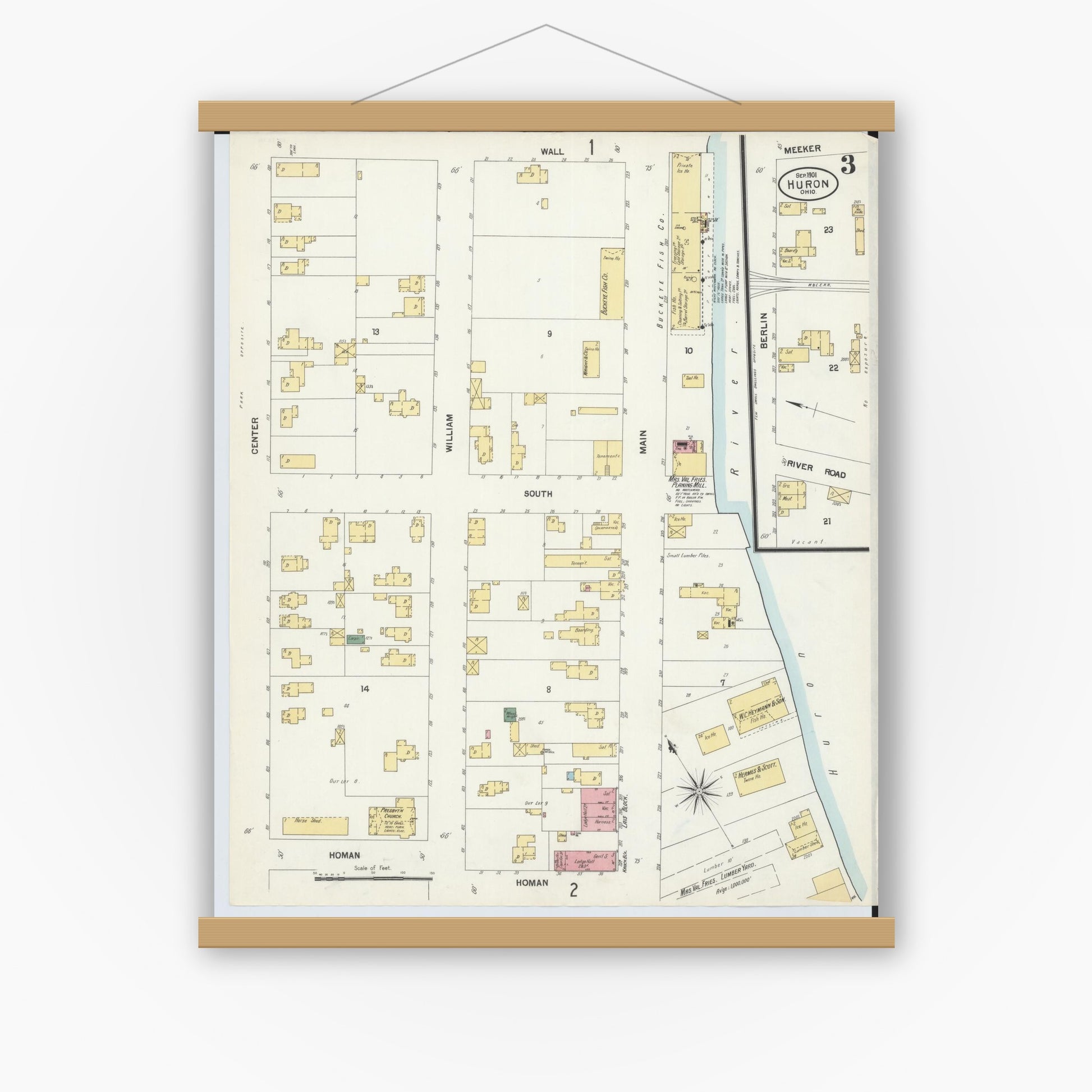 Old map wall art mockup — magnetic wood frame on white wall — Sanborn Fire Insurance Map from Huron, Erie County, Ohio (1901), Sheet #0003