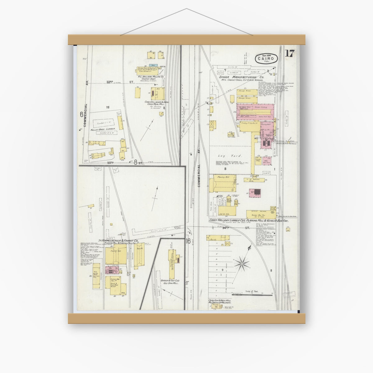 Old map wall art mockup — magnetic wood frame on white wall — Sanborn Fire Insurance Map from Cairo, Alexander County, Illinois (1896), Sheet #0017