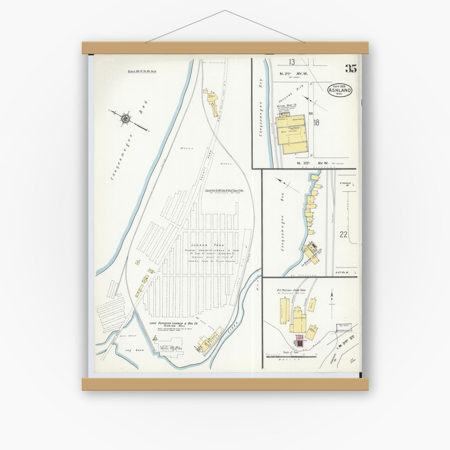 Old map wall art mockup — magnetic wood frame on white wall — Sanborn Fire Insurance Map from Ashland, Ashland County, Wisconsin (1909), Sheet #0035