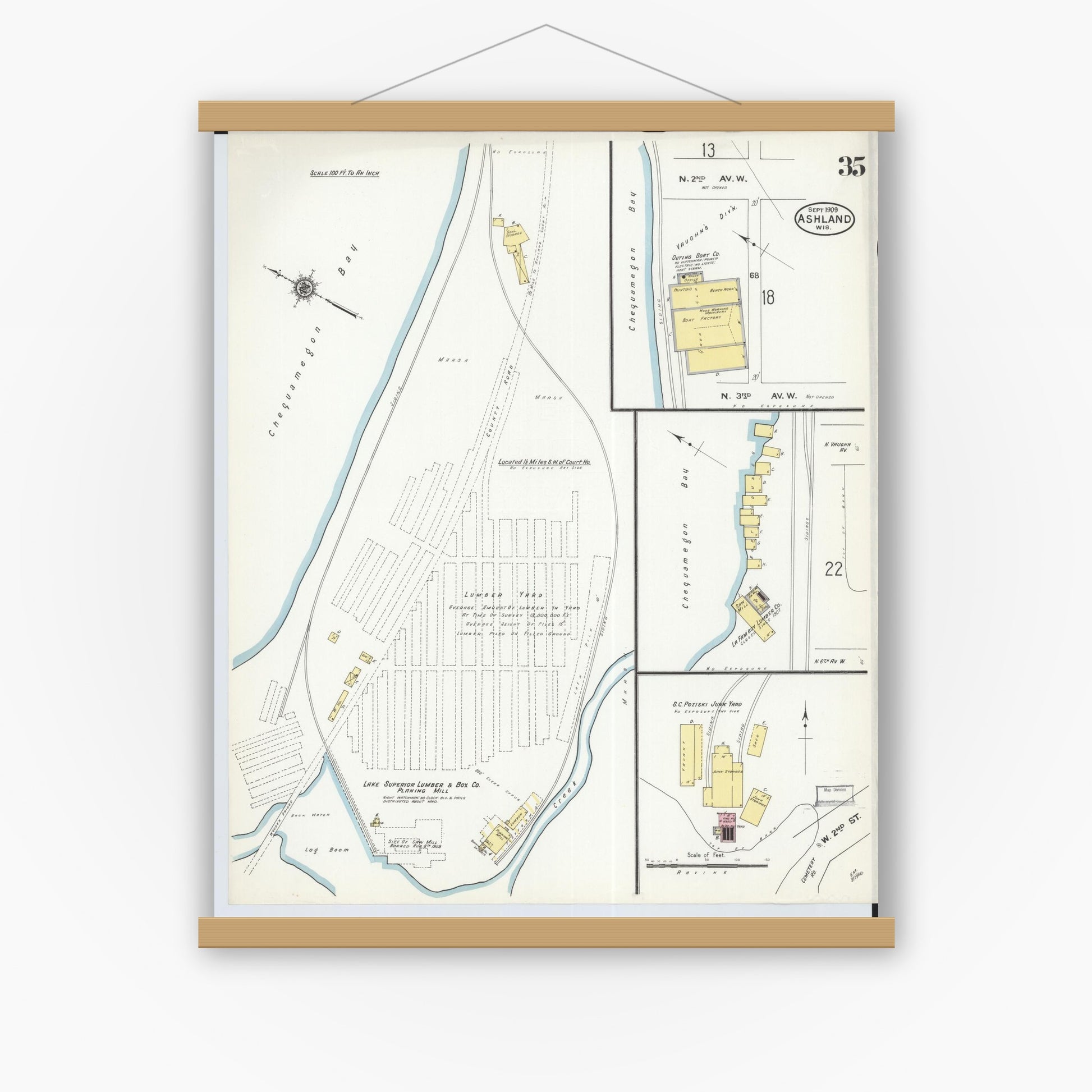 Old map wall art mockup — magnetic wood frame on white wall — Sanborn Fire Insurance Map from Ashland, Ashland County, Wisconsin (1909), Sheet #0035