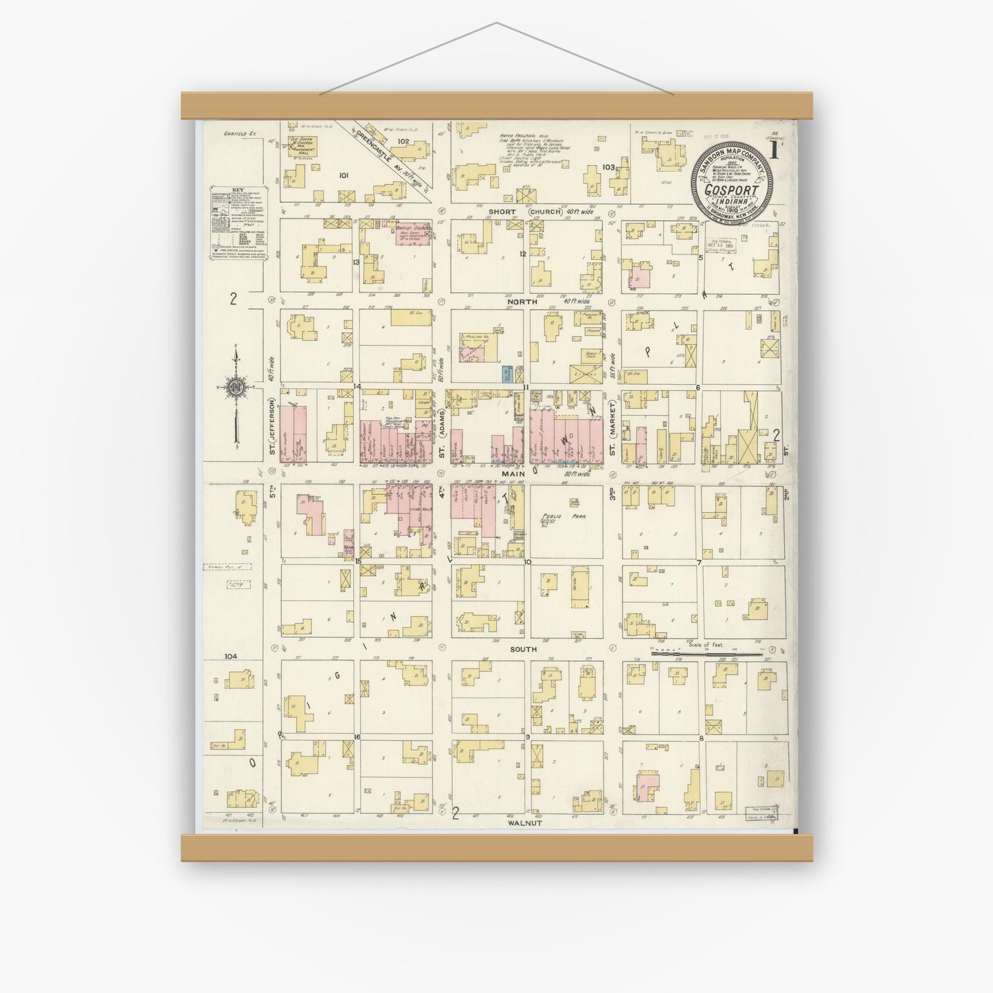 Old map wall art mockup — magnetic wood frame on white wall — Sanborn Fire Insurance Map from Gosport, Owen County, Indiana (1910) - Complete Map Set