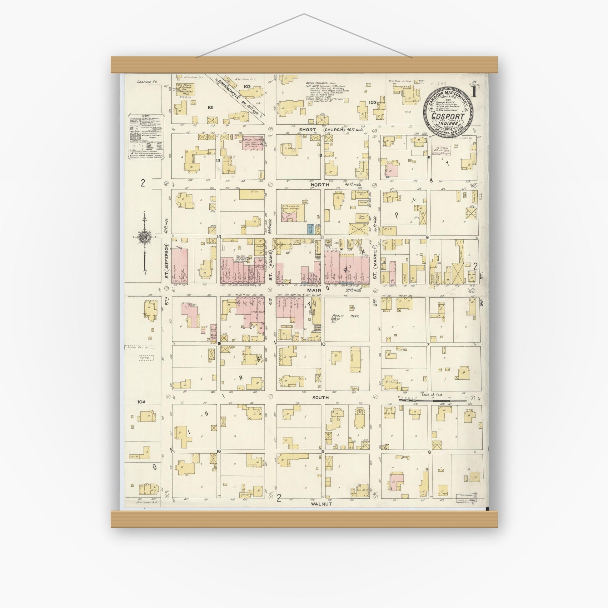 Old map wall art mockup — magnetic wood frame on white wall — Sanborn Fire Insurance Map from Gosport, Owen County, Indiana (1910) - Complete Map Set
