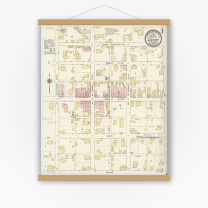 Old map wall art mockup — magnetic wood frame on white wall — Sanborn Fire Insurance Map from Gosport, Owen County, Indiana (1910) - Complete Map Set