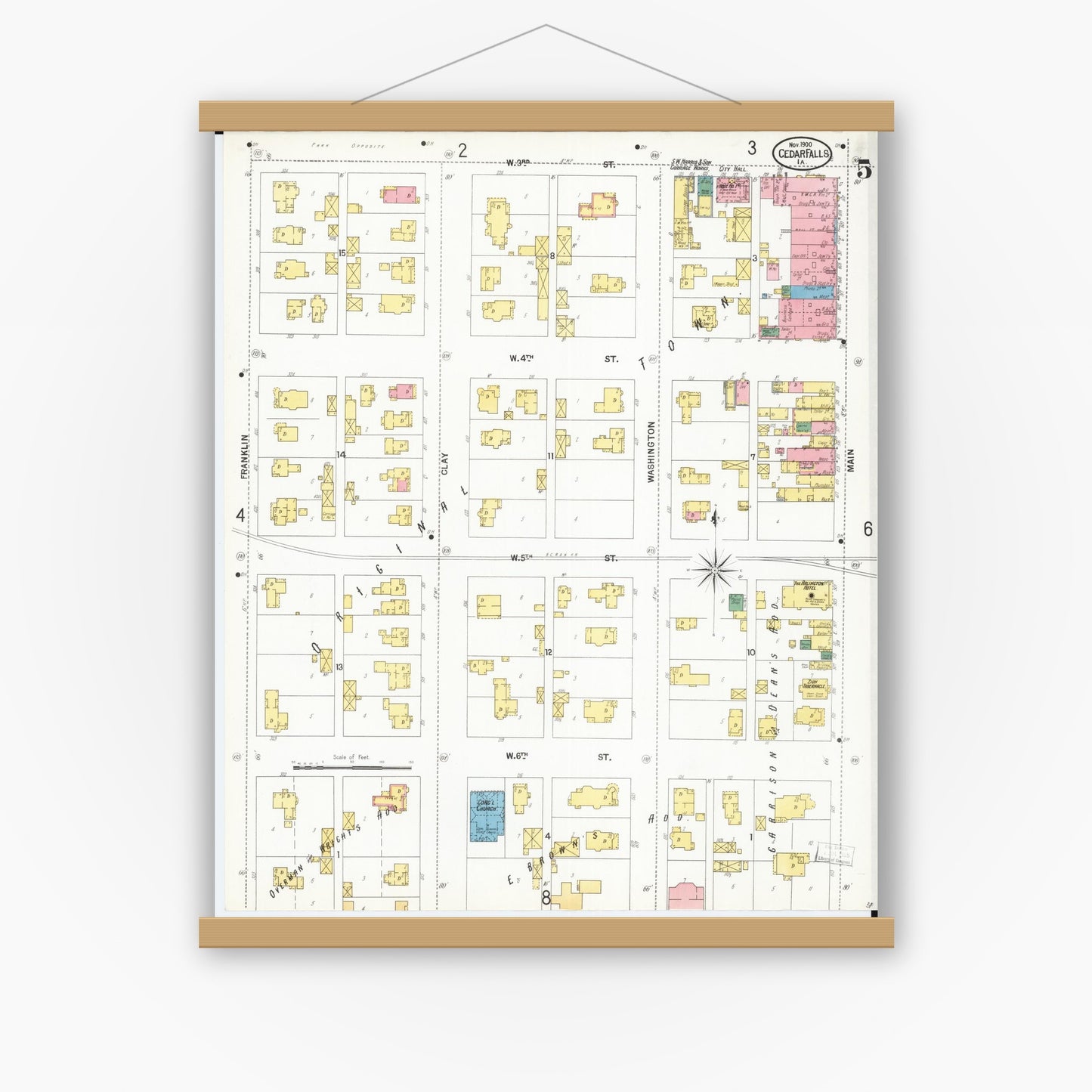 Old map wall art mockup — magnetic wood frame on white wall — Sanborn Fire Insurance Map from Cedar Falls, Black Hawk County, Iowa (1900), Sheet #0005