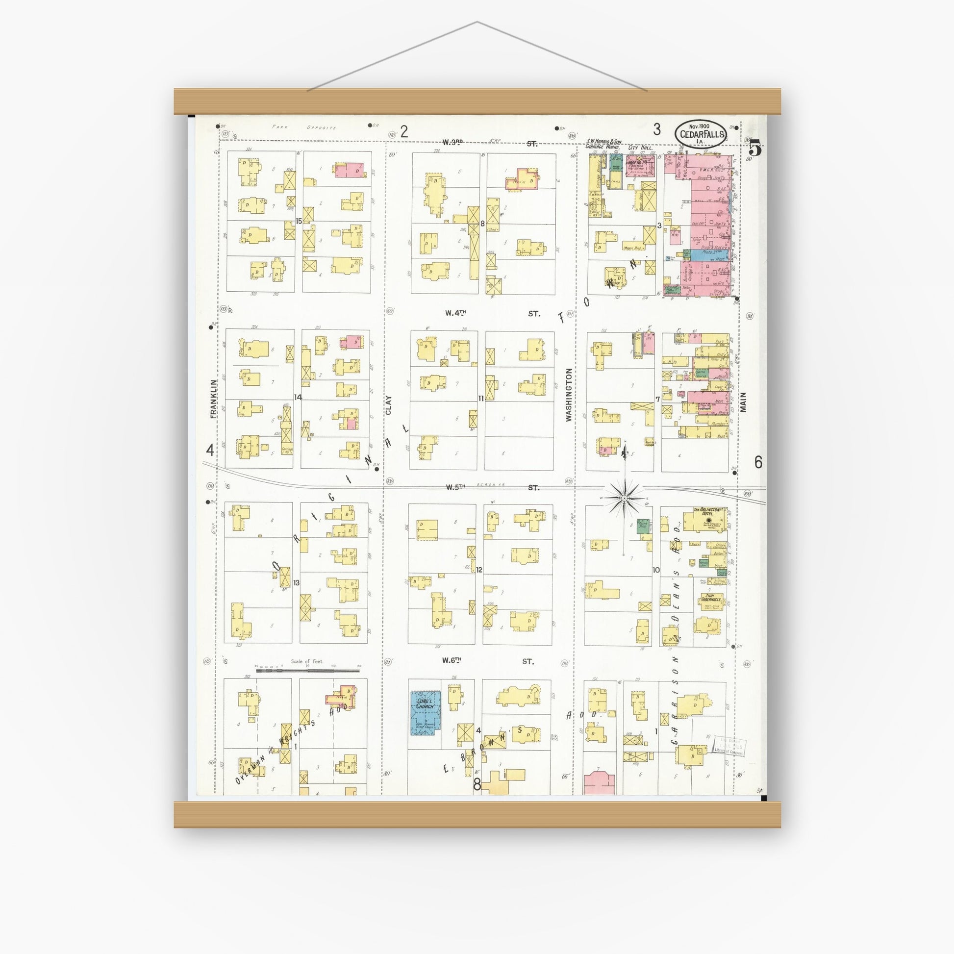 Old map wall art mockup — magnetic wood frame on white wall — Sanborn Fire Insurance Map from Cedar Falls, Black Hawk County, Iowa (1900), Sheet #0005