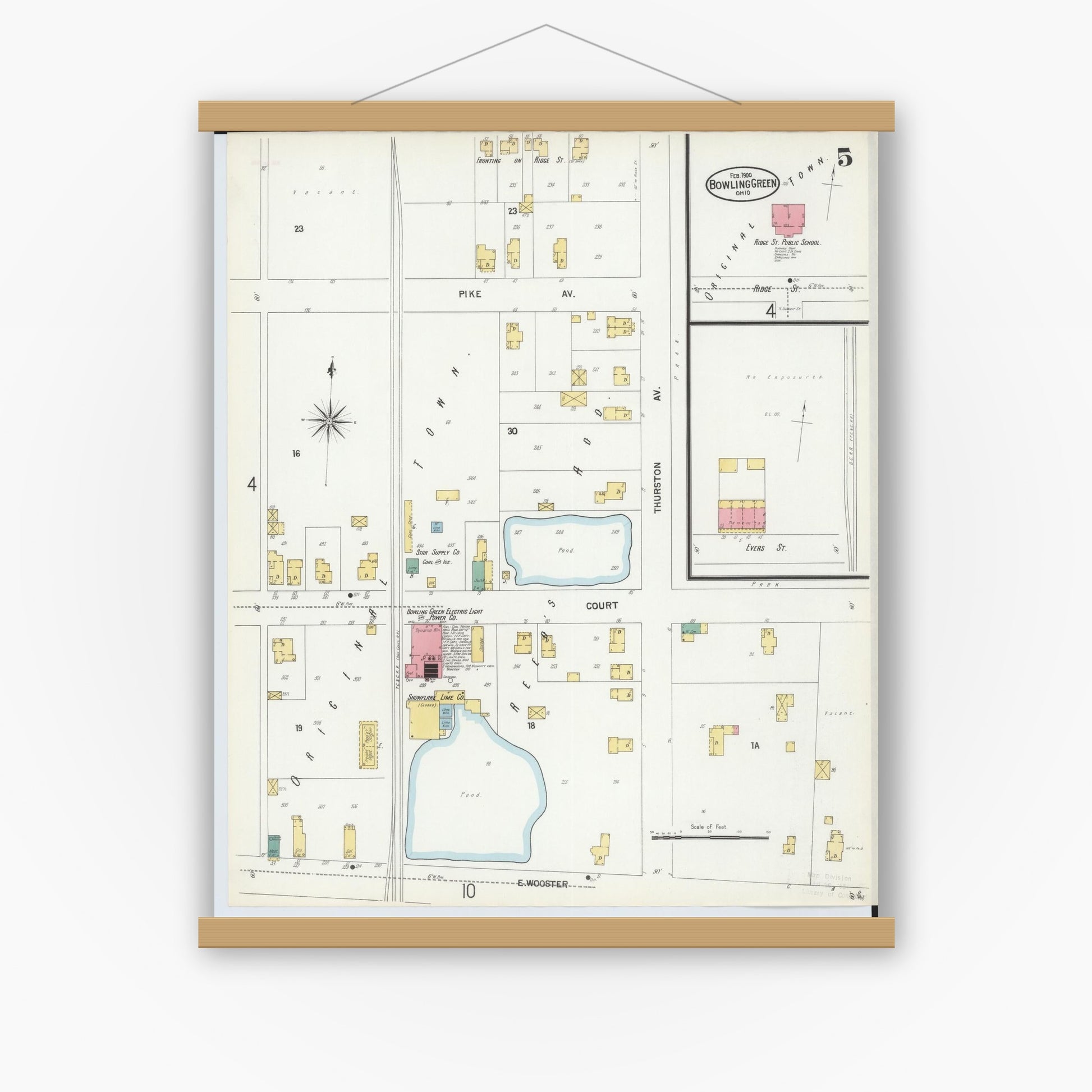 Old map wall art mockup — magnetic wood frame on white wall — Sanborn Fire Insurance Map from Bowling Green, Wood County, Ohio (1900), Sheet #0005