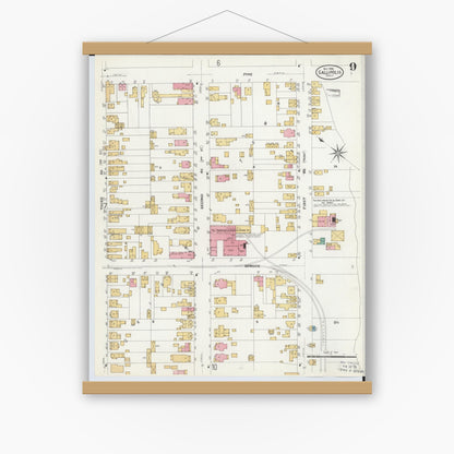 Old map wall art mockup — magnetic wood frame on white wall — Sanborn Fire Insurance Map from Gallipolis, Gallia County, Ohio (1908), Sheet #0009