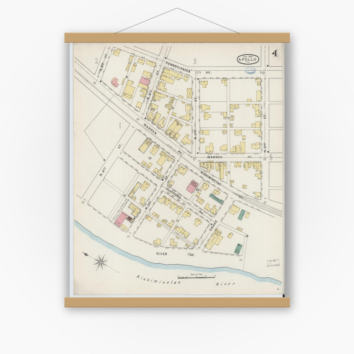 Old map wall art mockup — magnetic wood frame on white wall — Sanborn Fire Insurance Map from Apollo, Armstrong County, Pennsylvania (1894), Sheet #0004