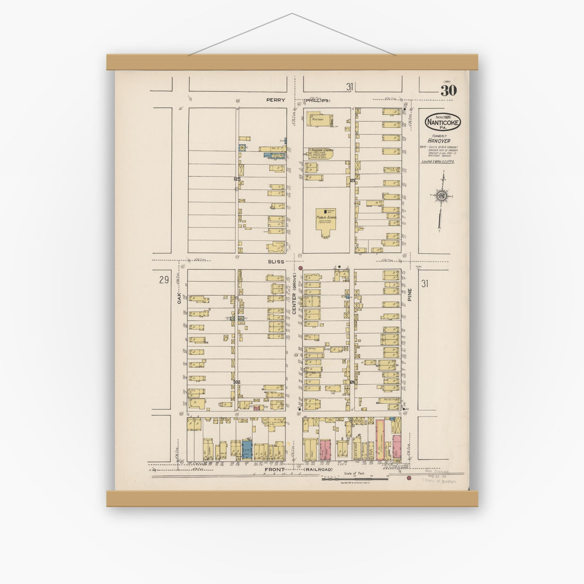 Old map wall art mockup — magnetic wood frame on white wall — Sanborn Fire Insurance Map from Nanticoke, Luzerne County, Pennsylvania (1920), Sheet #0030