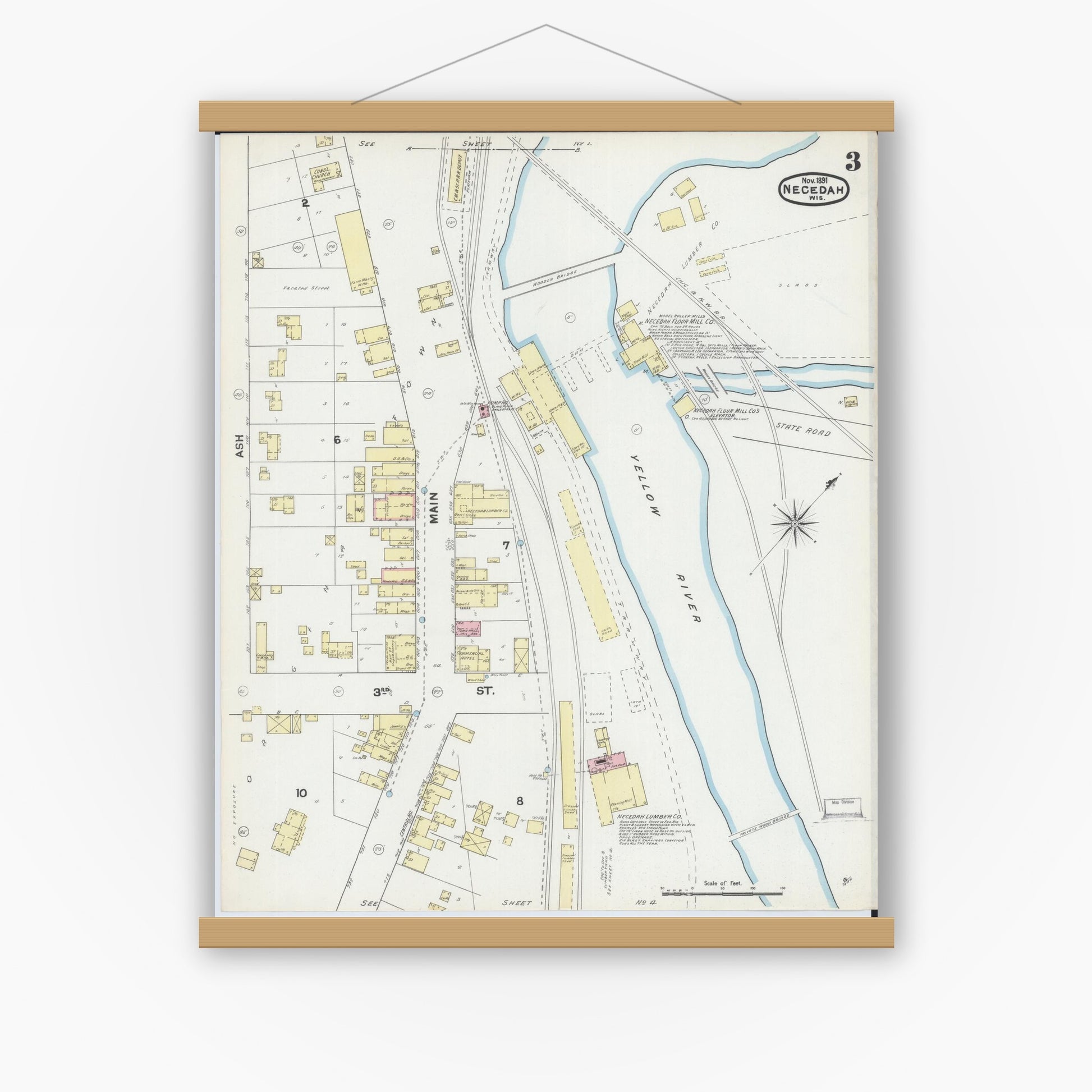 Old map wall art mockup — magnetic wood frame on white wall — Sanborn Fire Insurance Map from Necedah, Juneau County, Wisconsin (1891), Sheet #0003