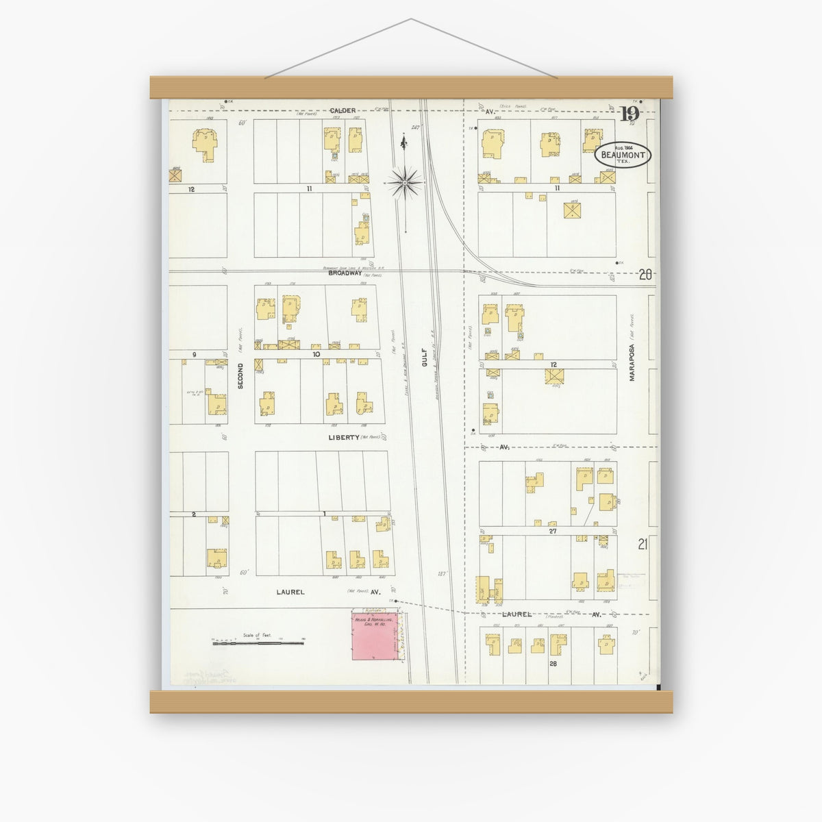 Old map wall art mockup — magnetic wood frame on white wall — Sanborn Fire Insurance Map from Beaumont, Jefferson County, Texas (1904), Sheet #0019