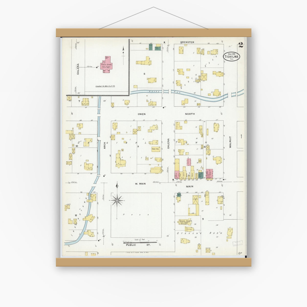 Old map wall art mockup — magnetic wood frame on white wall — Sanborn Fire Insurance Map from Tiskilwa, Bureau County, Illinois (1909), Sheet #0002