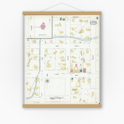 Old map wall art mockup — magnetic wood frame on white wall — Sanborn Fire Insurance Map from Tiskilwa, Bureau County, Illinois (1909), Sheet #0002