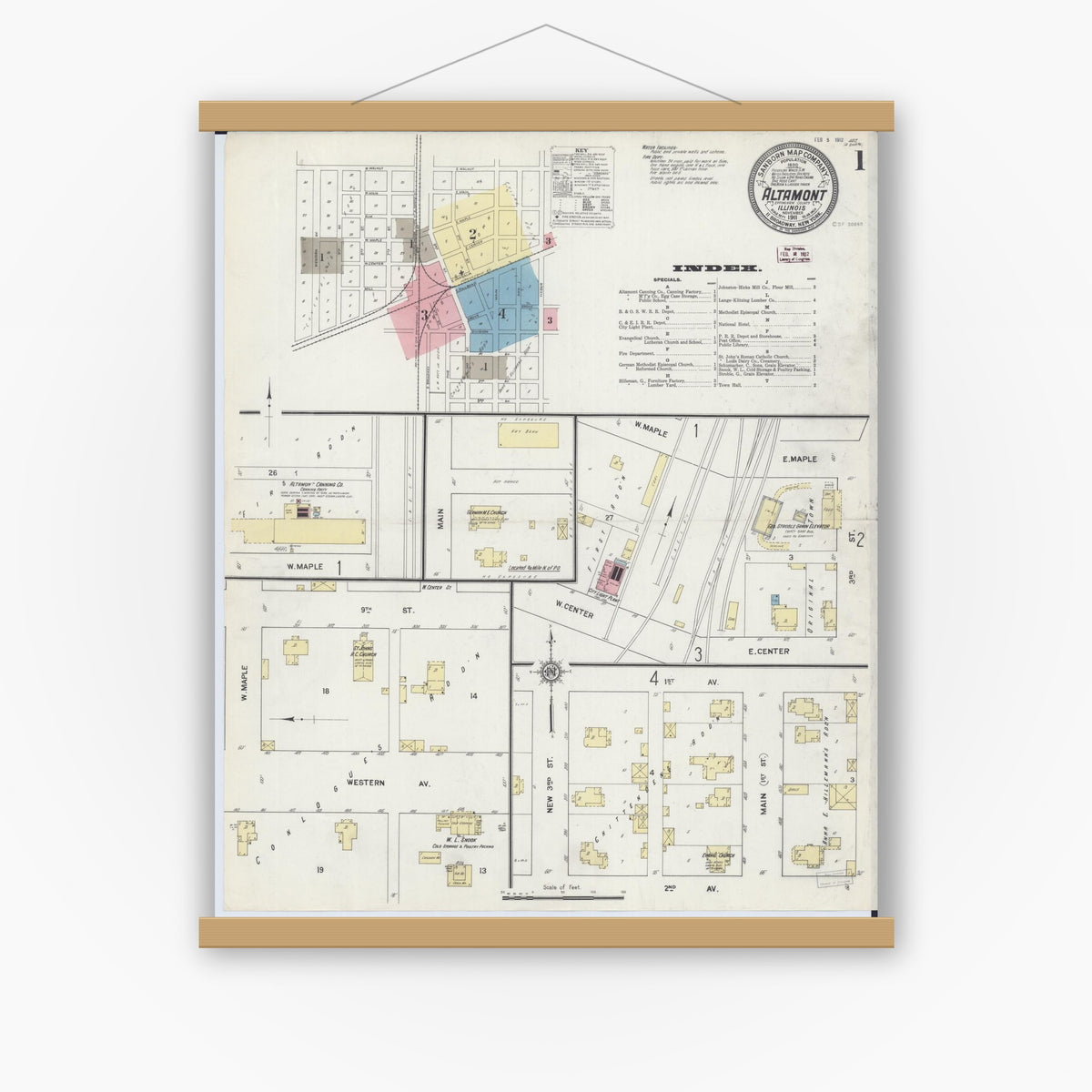 Old map wall art mockup — magnetic wood frame on white wall — Sanborn Fire Insurance Map from Altamont, Effingham County, Illinois (1911) - Complete Map Set