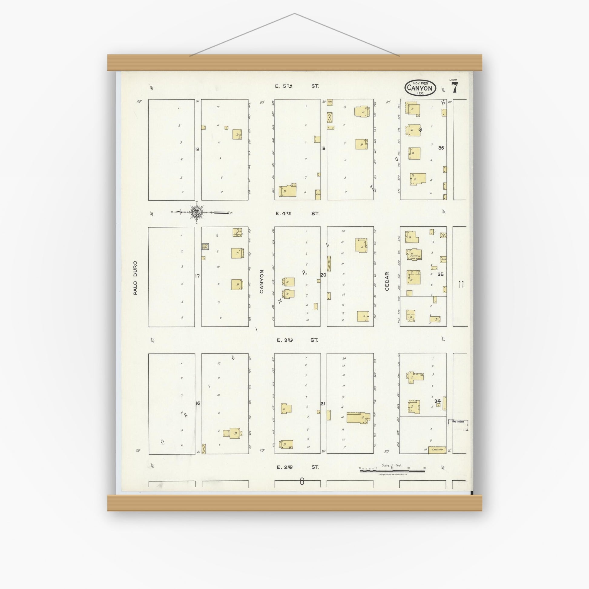 Old map wall art mockup — magnetic wood frame on white wall — Sanborn Fire Insurance Map from Canyon, Randall County, Texas (1920), Sheet #0007