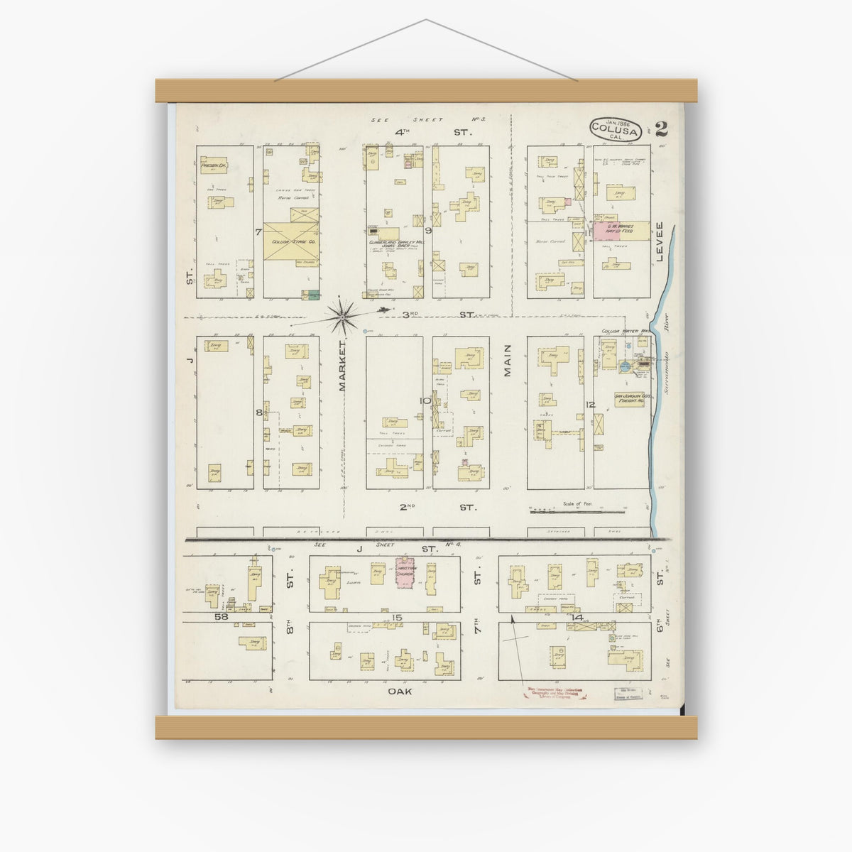 Old map wall art mockup — magnetic wood frame on white wall — Sanborn Fire Insurance Map from Colusa, Colusa County, California (1886), Sheet #0002