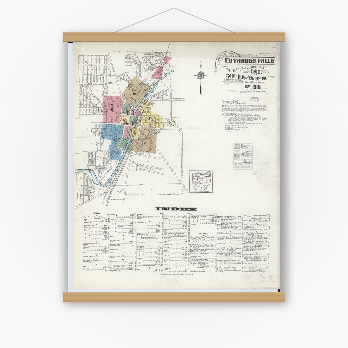 Old map wall art mockup — magnetic wood frame on white wall — Sanborn Fire Insurance Map from Cuyahoga Falls, Summit County, Ohio (1916) - Complete Map Set