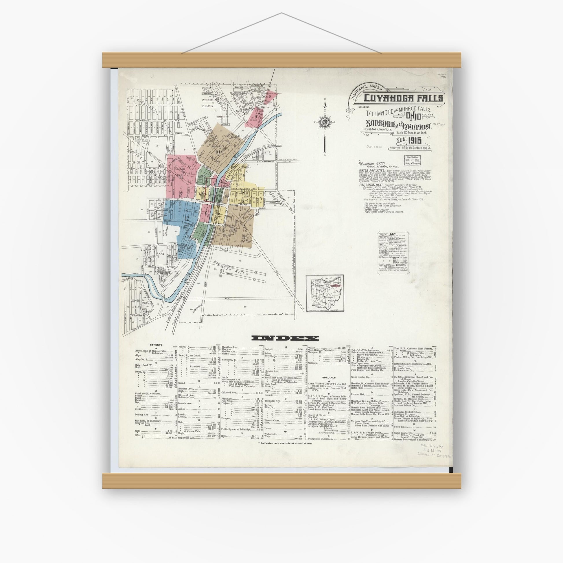 Old map wall art mockup — magnetic wood frame on white wall — Sanborn Fire Insurance Map from Cuyahoga Falls, Summit County, Ohio (1916) - Complete Map Set
