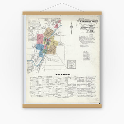 Old map wall art mockup — magnetic wood frame on white wall — Sanborn Fire Insurance Map from Cuyahoga Falls, Summit County, Ohio (1916) - Complete Map Set