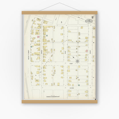 Old map wall art mockup — magnetic wood frame on white wall — Sanborn Fire Insurance Map from East Brady, Clarion County, Pennsylvania (1897), Sheet #0002
