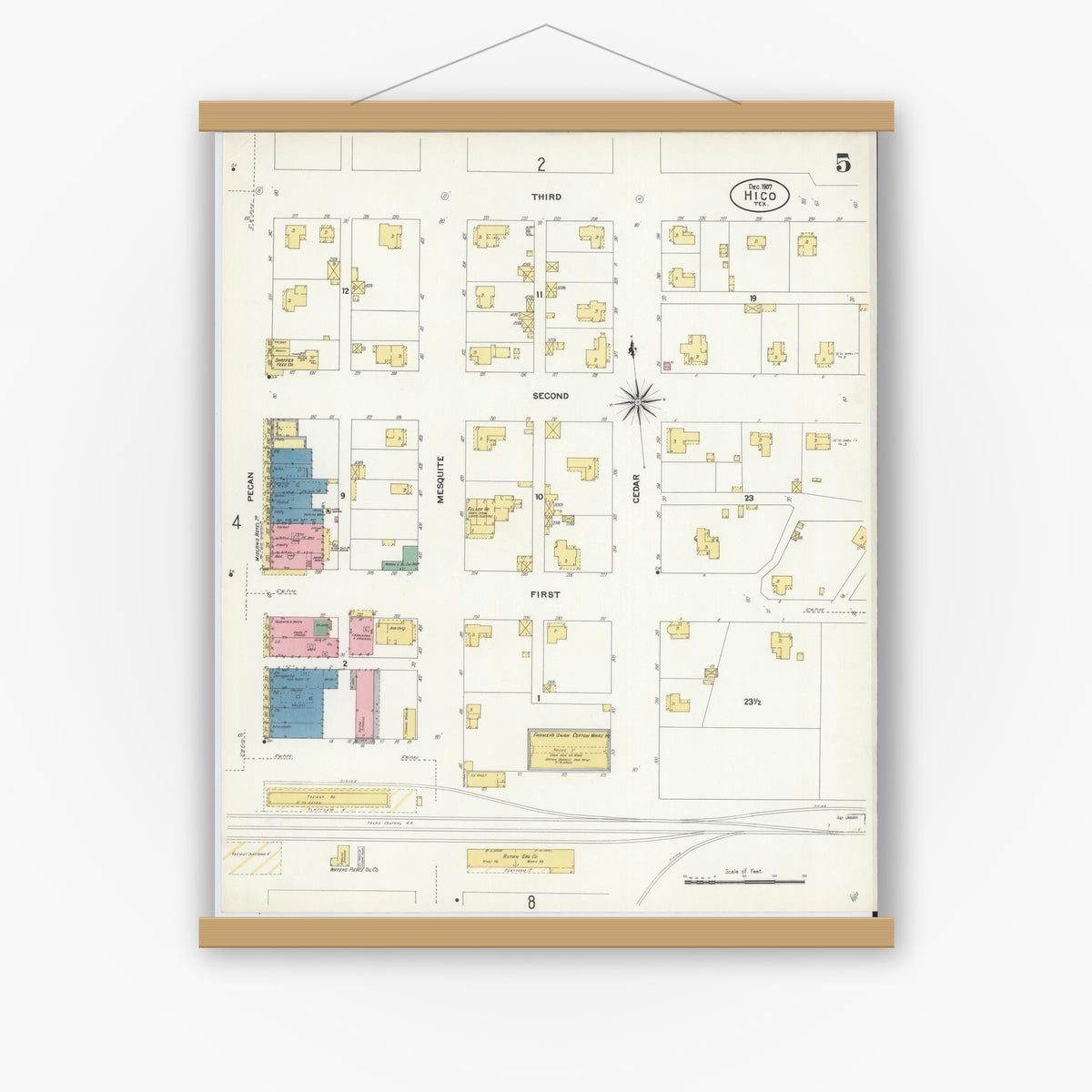 Old map wall art mockup — magnetic wood frame on white wall — Sanborn Fire Insurance Map from Hico, Hamilton County, Texas (1907), Sheet #0005