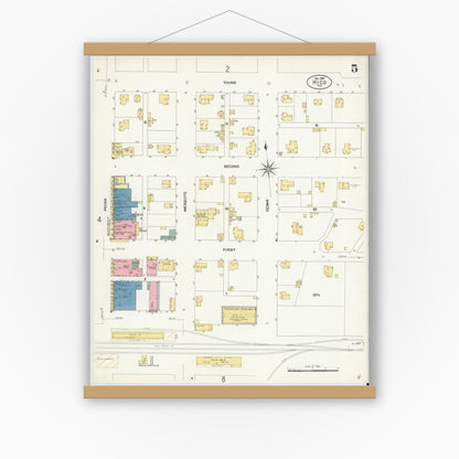 Old map wall art mockup — magnetic wood frame on white wall — Sanborn Fire Insurance Map from Hico, Hamilton County, Texas (1907), Sheet #0005