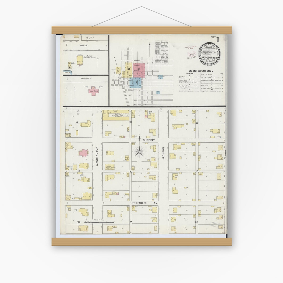 Old map wall art mockup — magnetic wood frame on white wall — Sanborn Fire Insurance Map from Mcleansboro, Hamilton County, Illinois (1894) - Complete Map Set