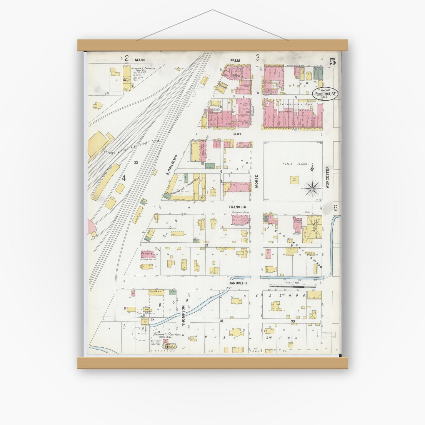 Old map wall art mockup — magnetic wood frame on white wall — Sanborn Fire Insurance Map from Roodhouse, Greene County, Illinois (1900), Sheet #0005