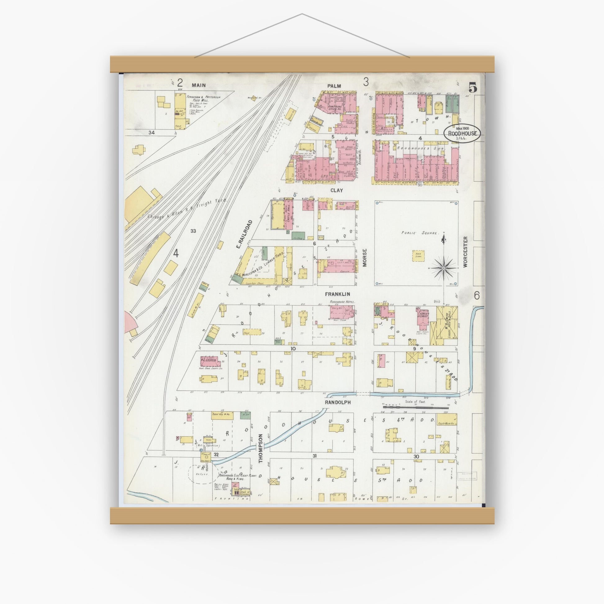 Old map wall art mockup — magnetic wood frame on white wall — Sanborn Fire Insurance Map from Roodhouse, Greene County, Illinois (1900), Sheet #0005