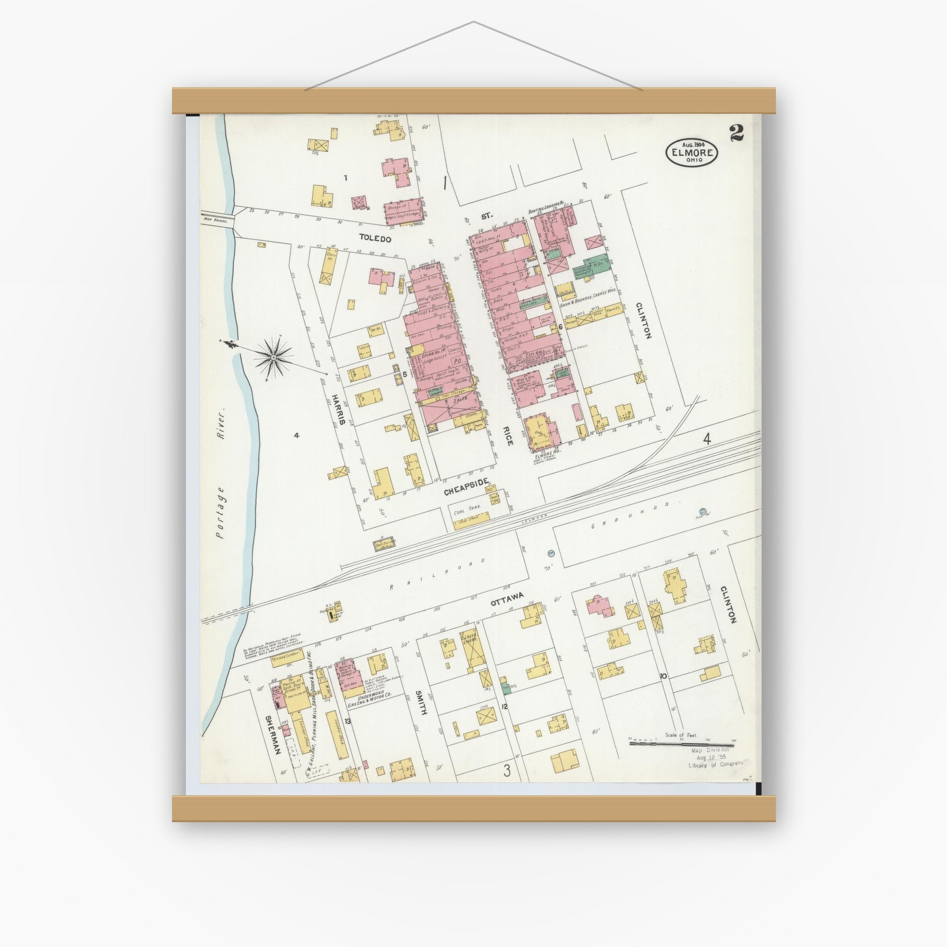Old map wall art mockup — magnetic wood frame on white wall — Sanborn Fire Insurance Map from Elmore, Ottawa County, Ohio (1904), Sheet #0002