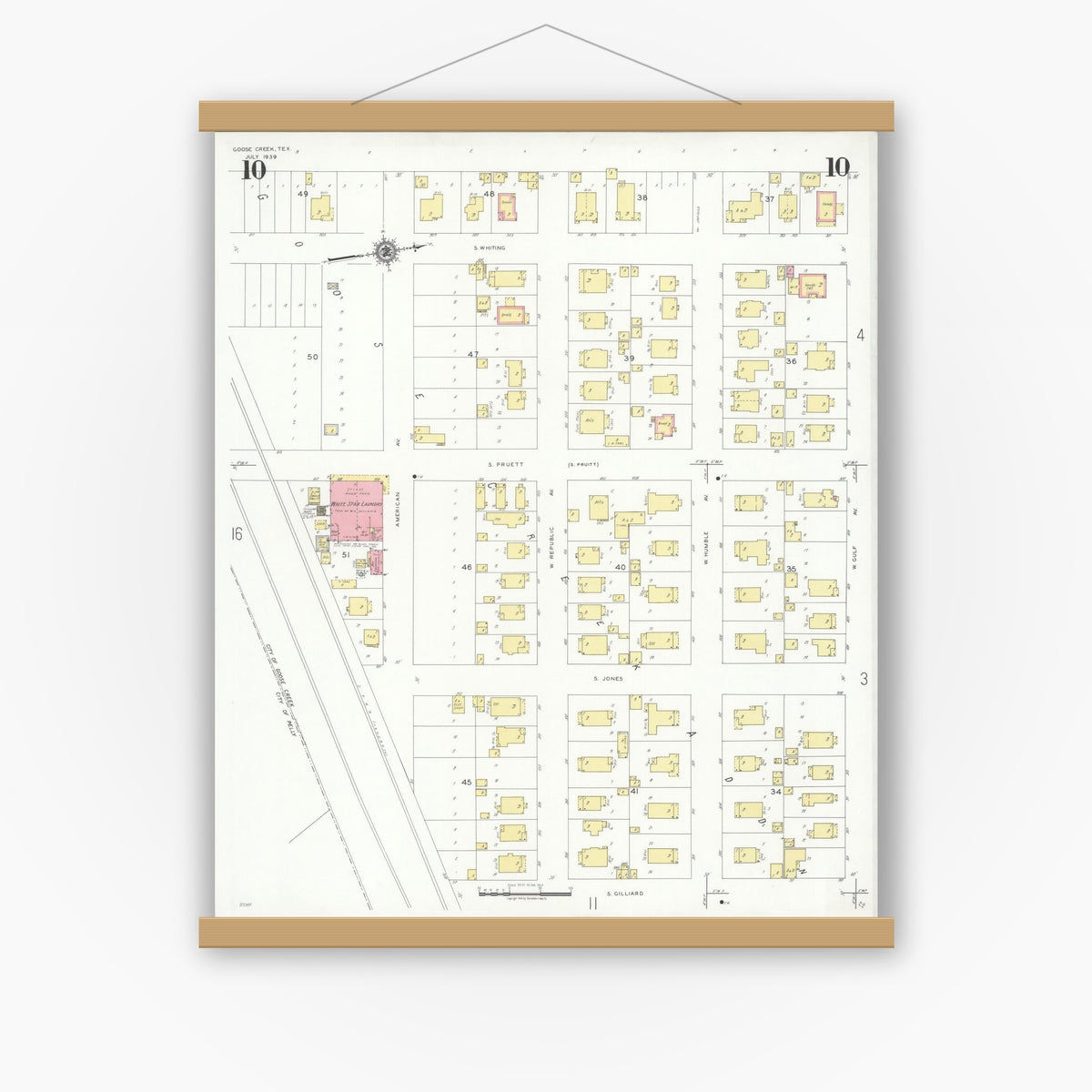 Old map wall art mockup — magnetic wood frame on white wall — Sanborn Fire Insurance Map from Goose Creek, Harris County, Texas (1939), Sheet #0010