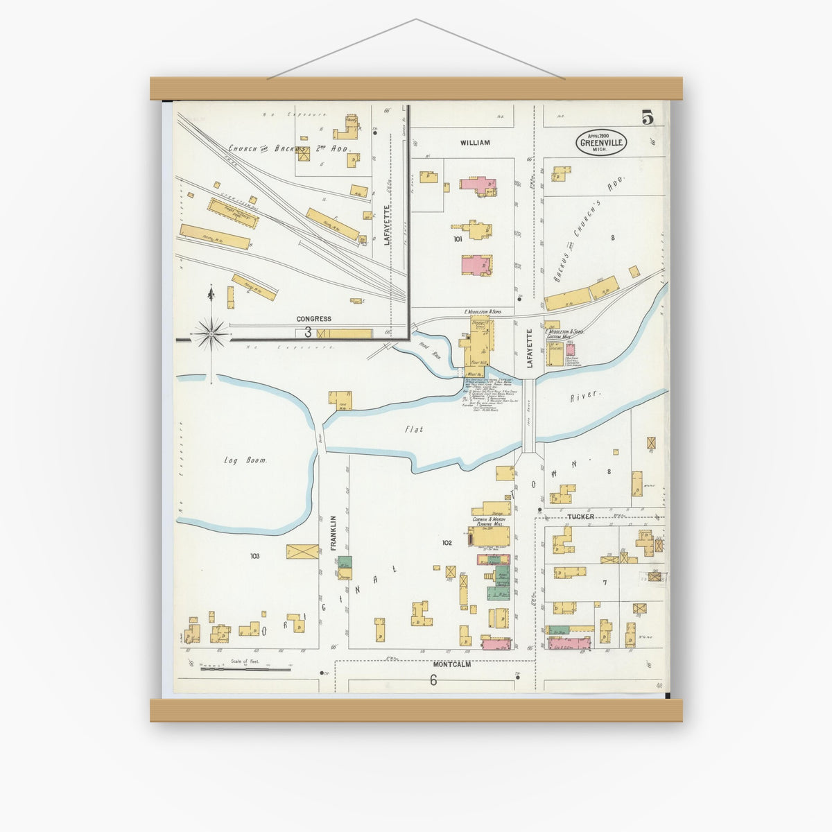 Old map wall art mockup — magnetic wood frame on white wall — Sanborn Fire Insurance Map from Greenville, Montcalm County, Michigan (1900), Sheet #0005