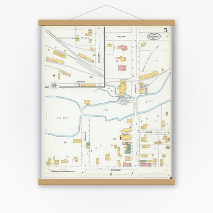 Old map wall art mockup — magnetic wood frame on white wall — Sanborn Fire Insurance Map from Greenville, Montcalm County, Michigan (1900), Sheet #0005