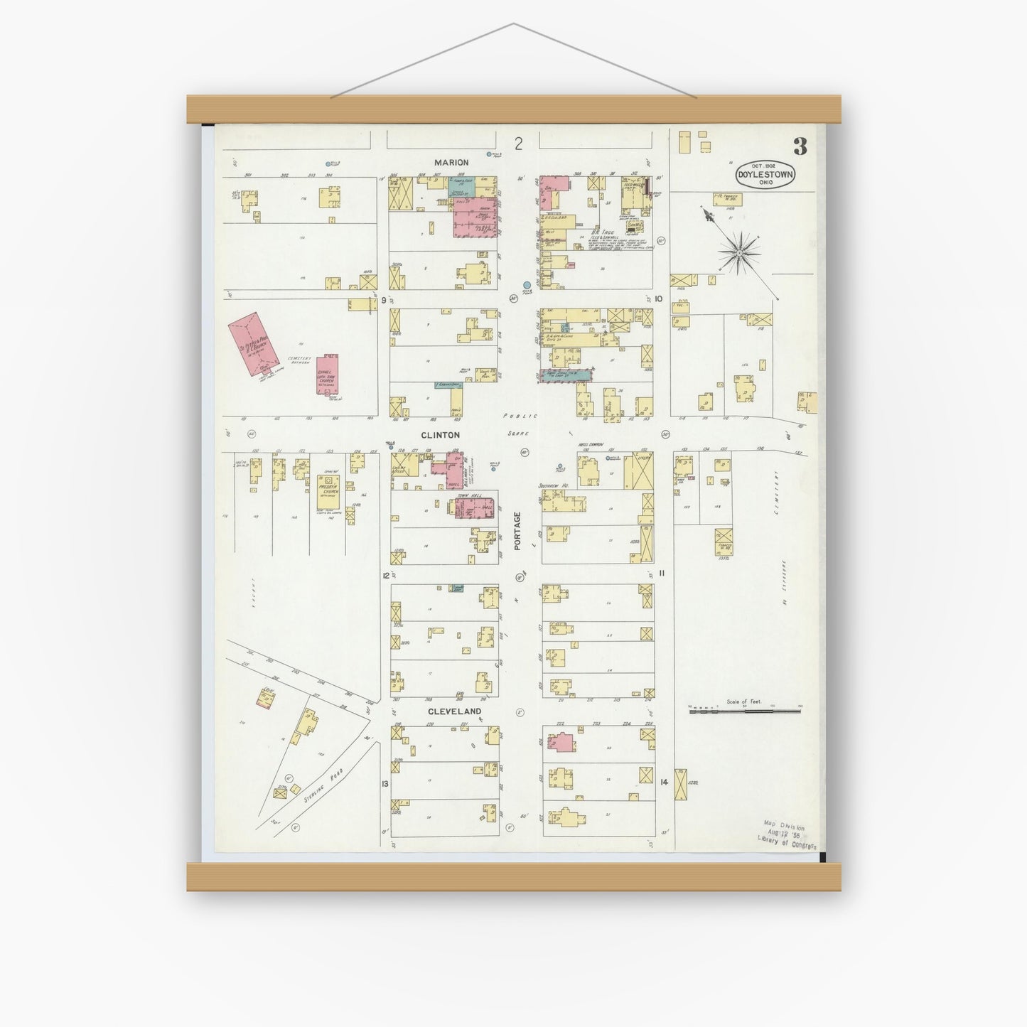 Old map wall art mockup — magnetic wood frame on white wall — Sanborn Fire Insurance Map from Doylestown, Wayne County, Ohio (1902), Sheet #0003