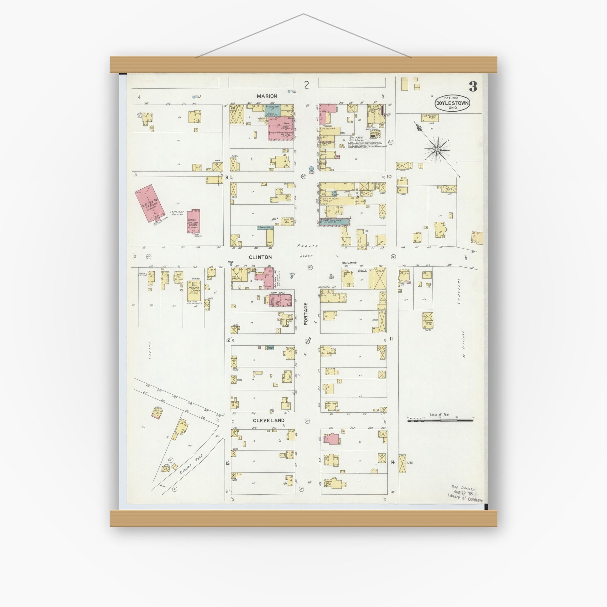 Old map wall art mockup — magnetic wood frame on white wall — Sanborn Fire Insurance Map from Doylestown, Wayne County, Ohio (1902), Sheet #0003