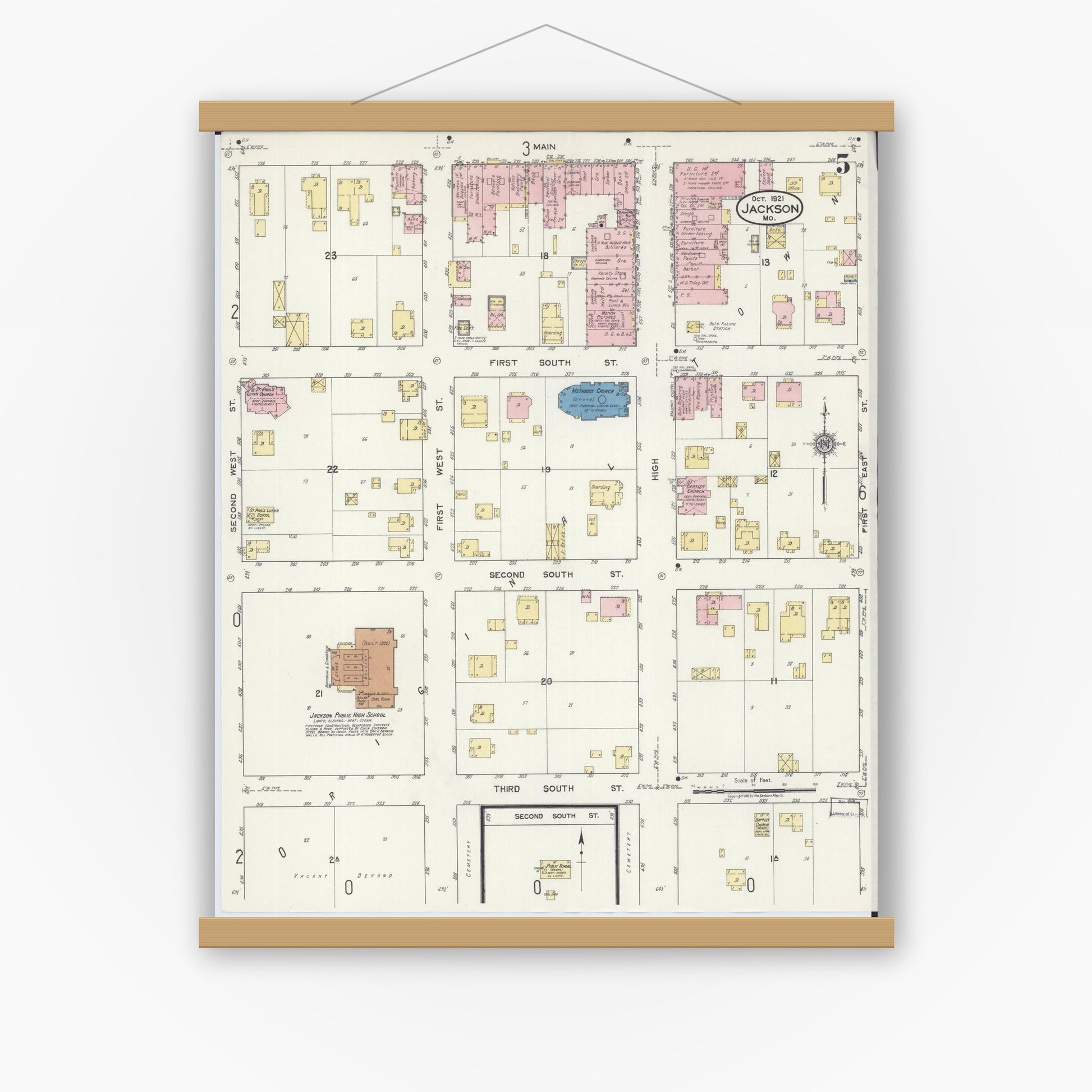Old map wall art mockup — magnetic wood frame on white wall — Sanborn Fire Insurance Map from Jackson, Cape Girardeau County, Missouri (1921), Sheet #0005