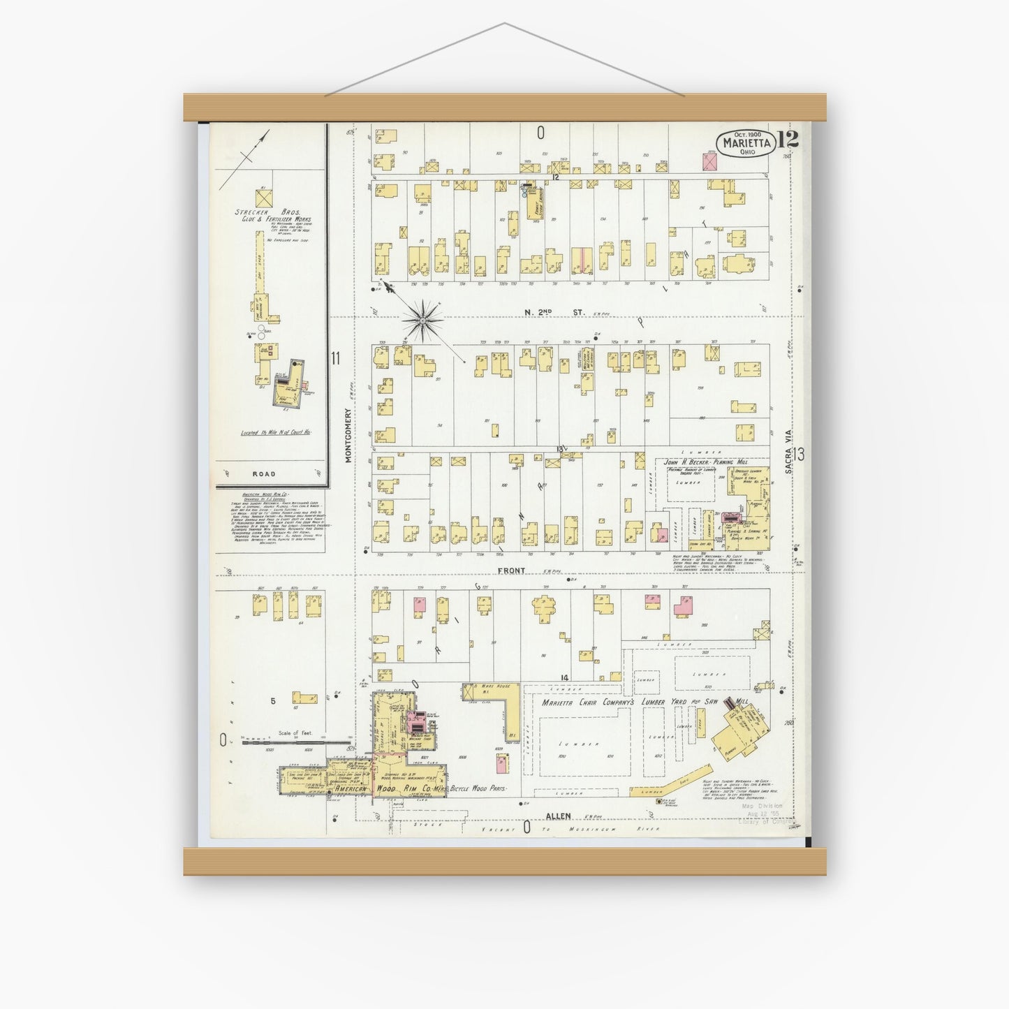 Old map wall art mockup — magnetic wood frame on white wall — Sanborn Fire Insurance Map from Marietta, Washington County, Ohio (1900), Sheet #0012