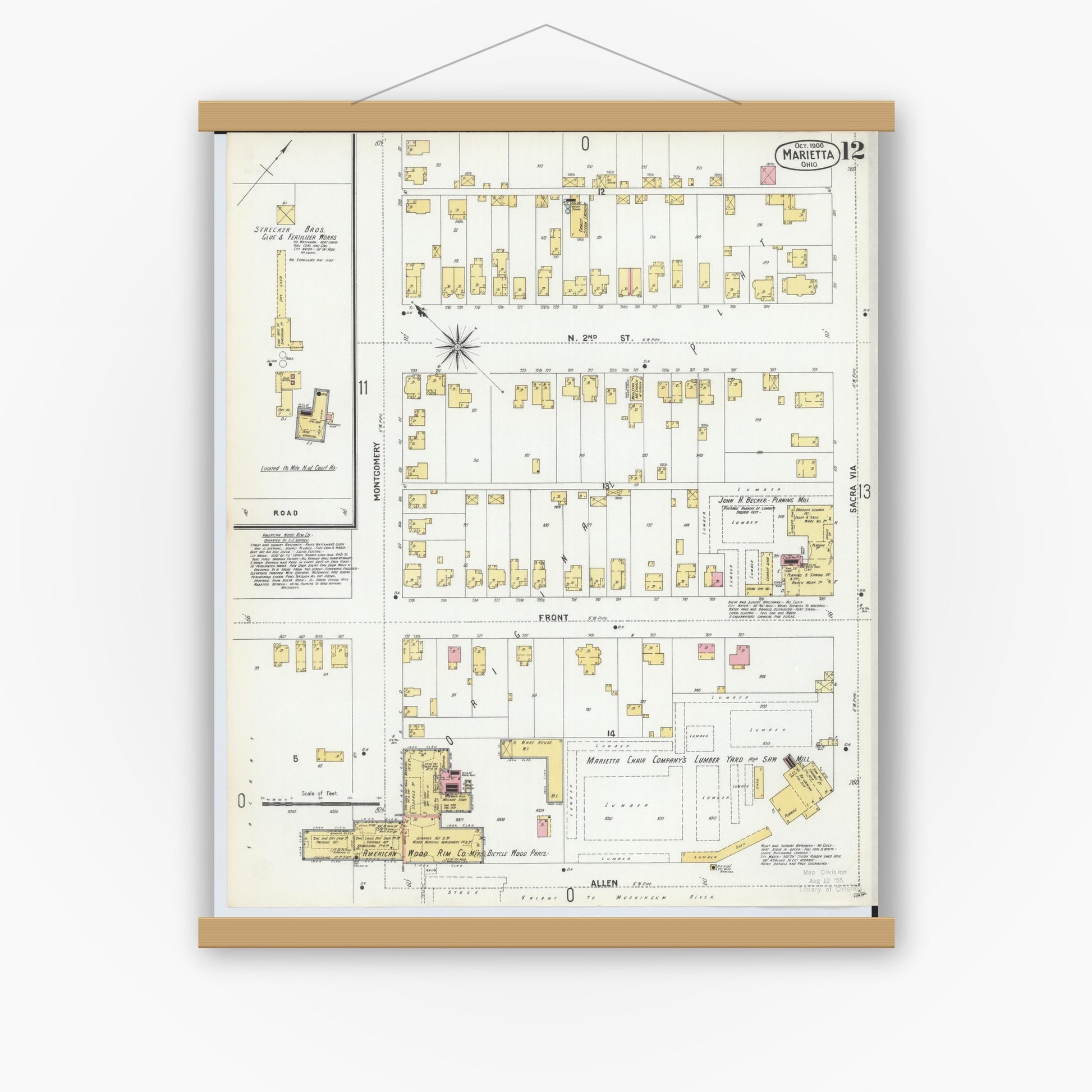 Old map wall art mockup — magnetic wood frame on white wall — Sanborn Fire Insurance Map from Marietta, Washington County, Ohio (1900), Sheet #0012