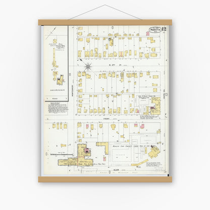 Old map wall art mockup — magnetic wood frame on white wall — Sanborn Fire Insurance Map from Marietta, Washington County, Ohio (1900), Sheet #0012