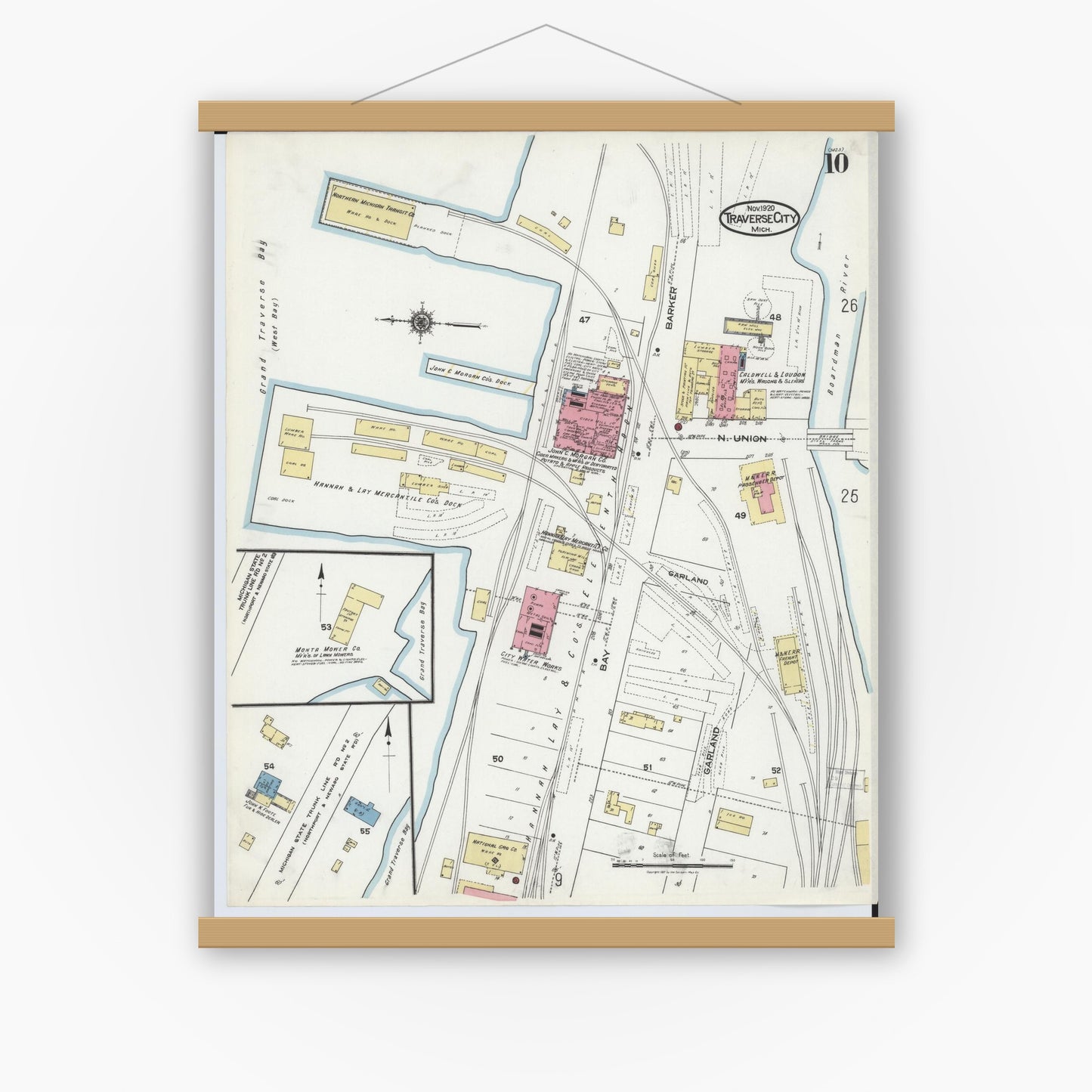 Old map wall art mockup — magnetic wood frame on white wall — Sanborn Fire Insurance Map from Traverse City, Grand Traverse County, Michigan (1920), Sheet #0010