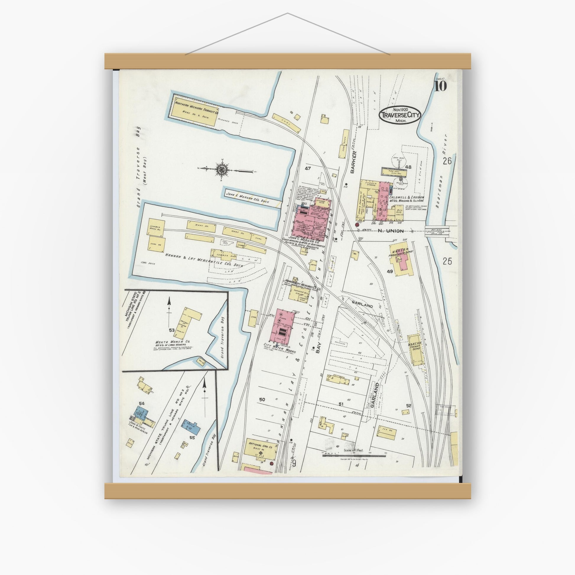 Old map wall art mockup — magnetic wood frame on white wall — Sanborn Fire Insurance Map from Traverse City, Grand Traverse County, Michigan (1920), Sheet #0010