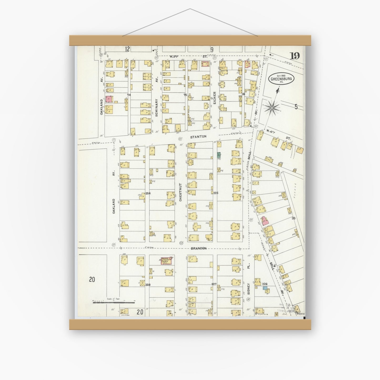 Old map wall art mockup — magnetic wood frame on white wall — Sanborn Fire Insurance Map from Greensburg, Westmoreland County, Pennsylvania (1903), Sheet #0019