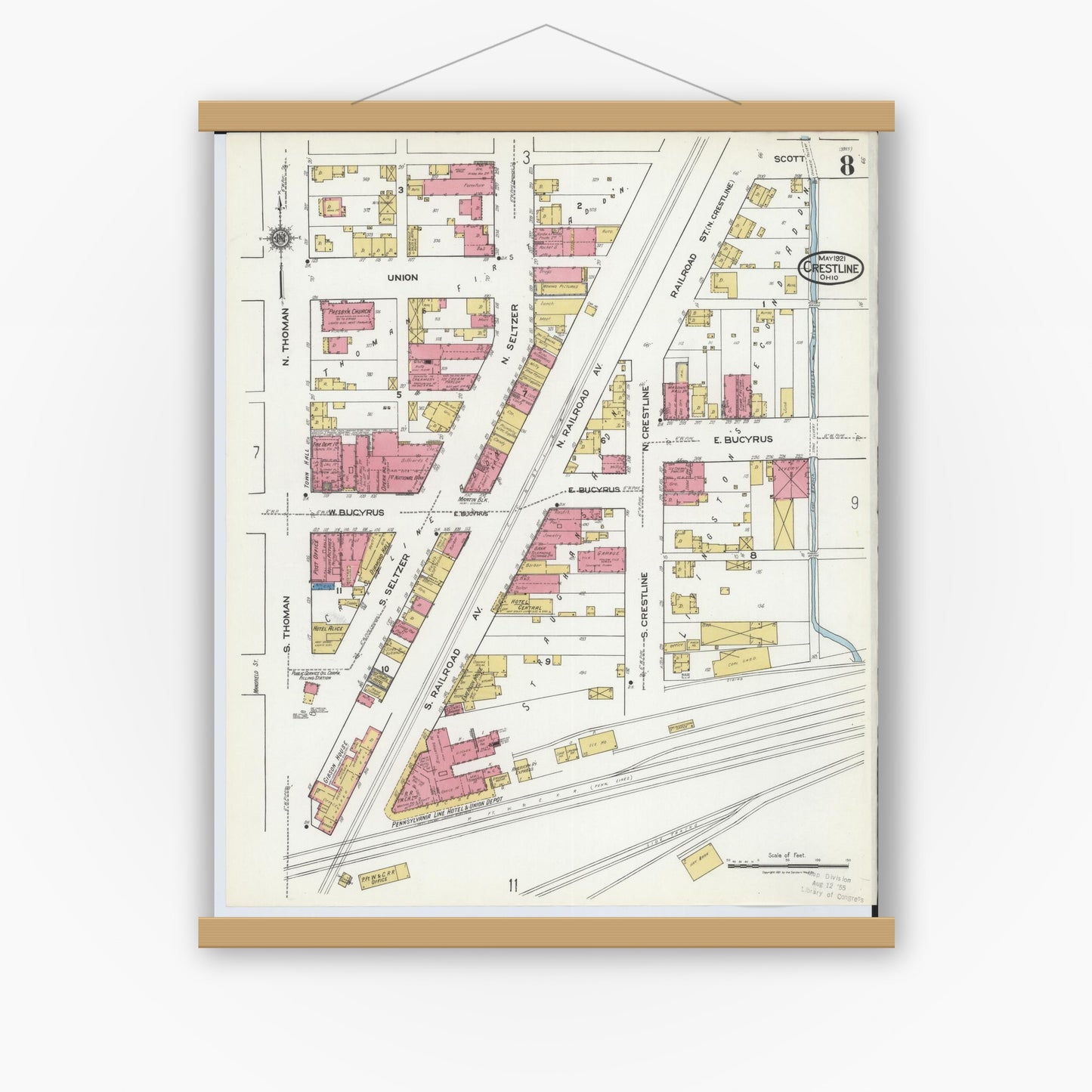 Old map wall art mockup — magnetic wood frame on white wall — Sanborn Fire Insurance Map from Crestline, Crawford County, Ohio (1921), Sheet #0008