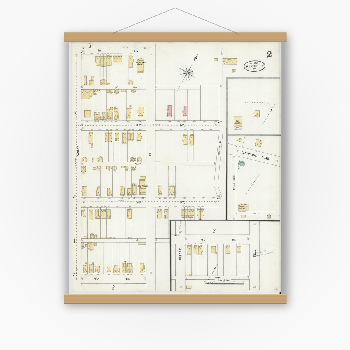 Old map wall art mockup — magnetic wood frame on white wall — Sanborn Fire Insurance Map from Weatherly, Carbon County, Pennsylvania (1905), Sheet #0002