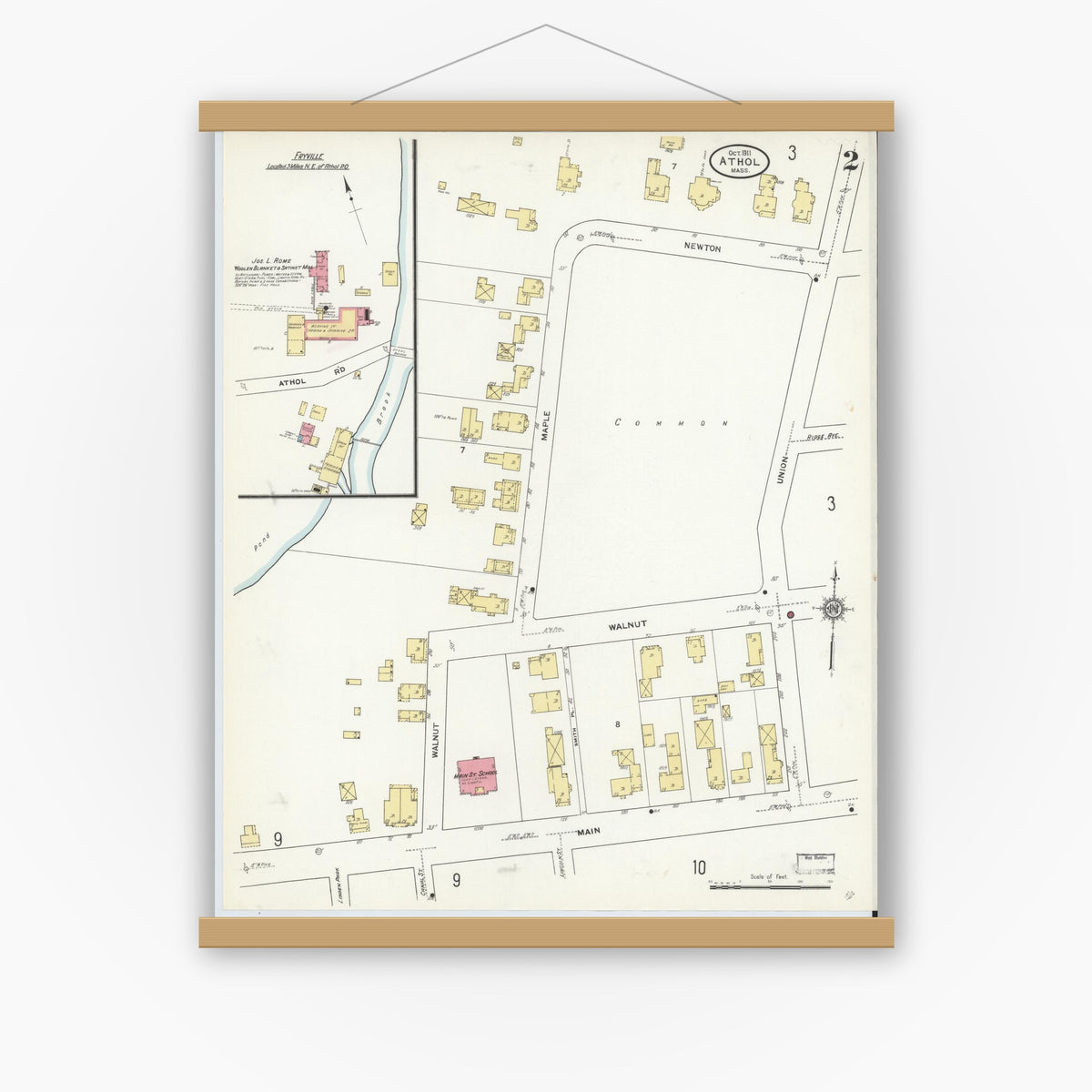Old map wall art mockup — magnetic wood frame on white wall — Sanborn Fire Insurance Map from Athol, Worcester County, Massachusetts (1911), Sheet #0002