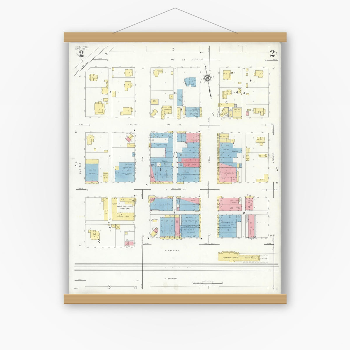 Old map wall art mockup — magnetic wood frame on white wall — Sanborn Fire Insurance Map from Hico, Hamilton County, Texas (1934), Sheet #0002