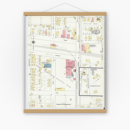 Old map wall art mockup — magnetic wood frame on white wall — Sanborn Fire Insurance Map from Greenville, Darke County, Ohio (1910), Sheet #0015
